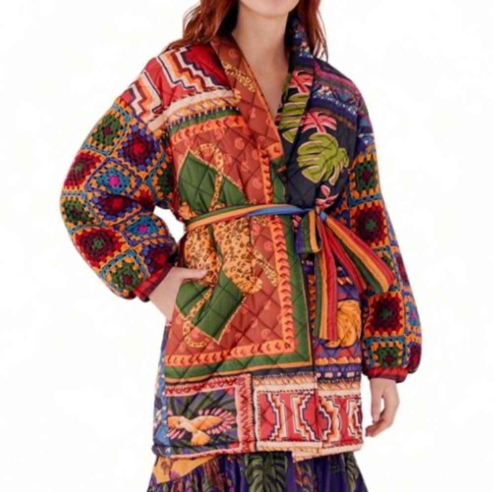 Farm Rio Patchwork Tapestry Crochet Puffer Jacket M - Picture 4 of 16